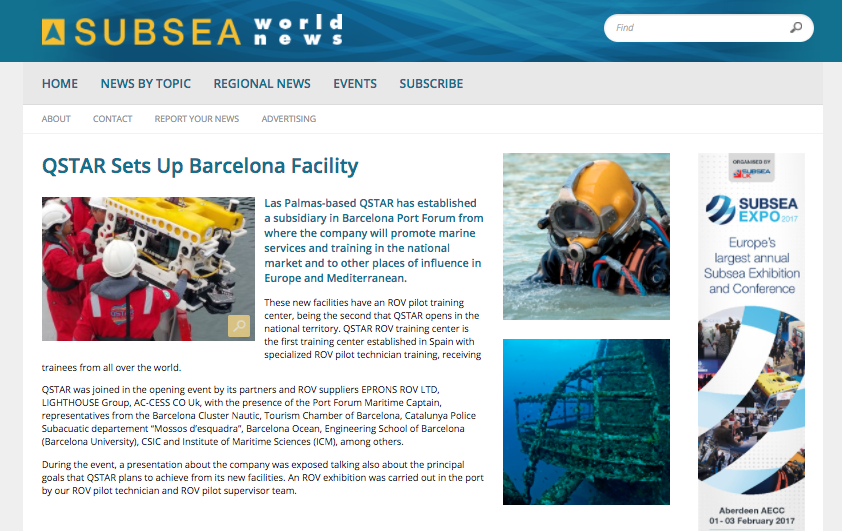 QSTAR S.L.U, ROV TRAINING & SUBSEA SOLUTIONS  establece una sucursal en Barcelona. 